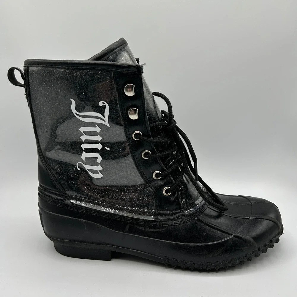 Juicy Couture Talos Black Glitter Clear Lace Up Duck Rain RIGHT BOOT‎ ONLY 9 Y2K